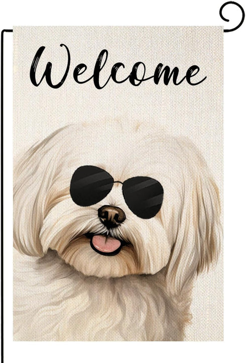 Welcome Maltese with Sunglasses Garden Flag 12x18 Inch, Small Vertical Double Sided Decorative House Yard Decor