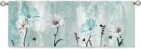 Teal Daisy Curtain Valance, Farmhouse Flower Rod Pocket Window Treatment for Bathroom, Bedroom, Living Room