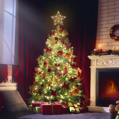 LAWOHO 10-inch Rustic Brown Rattan Christmas Tree Topper Star with 10 Warm White Lights and Timer Functions