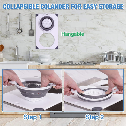 NiHome Over the Sink Cutting Board with Collapsible Colander, 2-In-1 Draining Board, 11"x17.7"