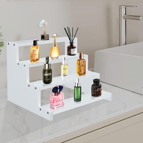 4 Countertop Tier White Wooden Display Stand Step Shelf Organizer for Perfume Skincare Desserts Cupcakes and Cosmetics
