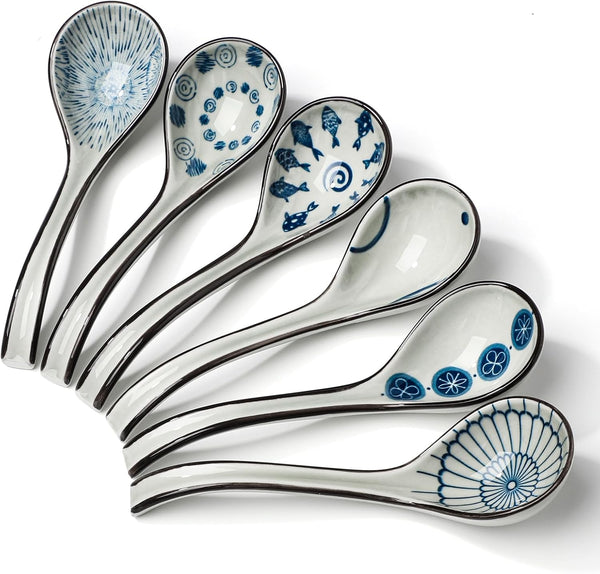 Ceramic Soup Spoons Set of 6, Long Handle Japanese Ramen Spoon for Dumpling, Noodles, Miso, Chinese Wonton