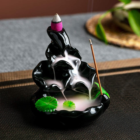 Cute Ceramic Backflow Incense Holder, Waterfall Incense Burner with 48 Incense Cones and 30 Sticks