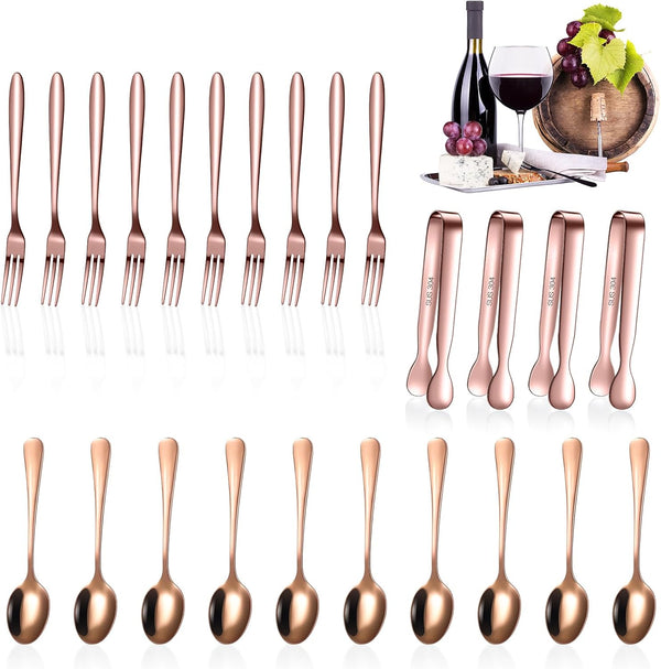 Cunhill 24 Pcs Charcuterie Utensils, Mini Cocktail Tongs, Small Serving Spoons and Appetizer Forks (Rose Gold)