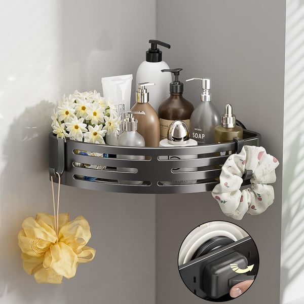 Corner Shower Caddy Suction Cup,Shower Shelves with Hooks,No Drilling Powerful Suction Bathroom