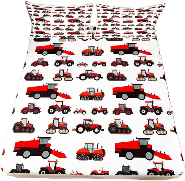 Erosebridal Red Tractor Bed Sheet Twin Size Heavy Equipment Truck Bedding Set