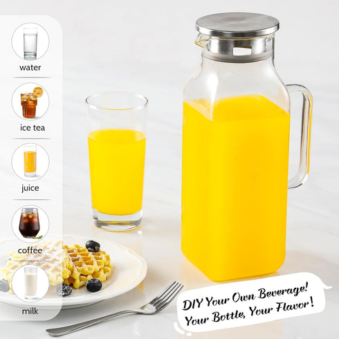 2 (2 68 oz) Quart Liter Square Glass Pitcher with Lid and Spout, Water Pitchers with Handle for Fridge, Borosilicate