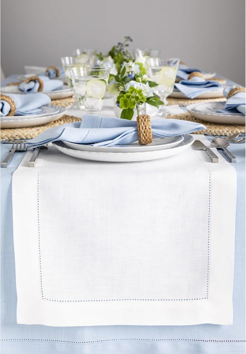 Solino Home Linen White Table Runner - 72 Inches Long, 100% Pure Linen Hemstitch 14 x 72 Inch for Dining
