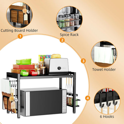 Microwave Oven Rack: Expandable Stand for Kitchen Utensils Tableware Storage with 6 Hooks