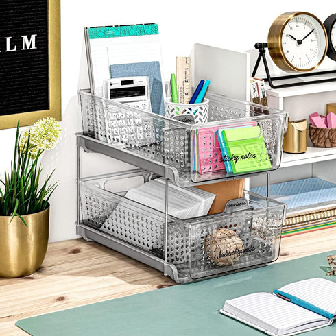 madesmart 2-Tier Multi-Purpose Slide-Out Storage Organizer with Handles and Dividers, BPA Free, Clear, Pack of 1