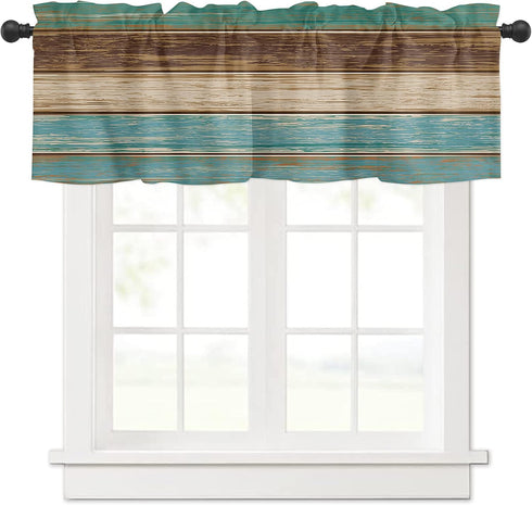 Rustic Farmhouse Valances Curtains for Kitchen Windows, Retro Wood Rod Pocket Curtain Toppers, Teal Green Brown