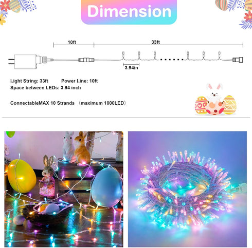 2 Pack 100 33ft 8 JMEXSUSS LED Easter String Lights Indoor Outdoor, Multicolor Easter Lights Plug in, Modes Connectable
