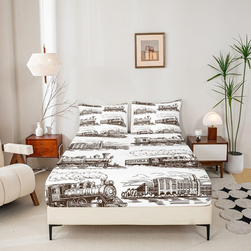 Set 3pcs 2 Manfei Train Kids Fitted Sheet Queen Size, Retro Steam Locomotive Train Bedding for Boys Girls Room Decor