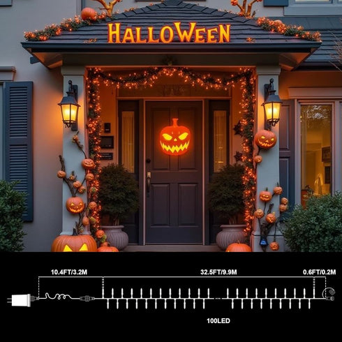 32.5FT 100 16 Orange Halloween String Lights Outdoor, Thanksgiving Mini Lights, LED Waterproof Christmas Lights