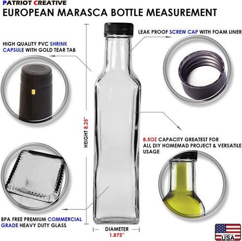 Quadra Bottles 8.5 Oz - 15 Sets of Premium Glass Square Bottles with Leak Proof Airtight Caps, Black