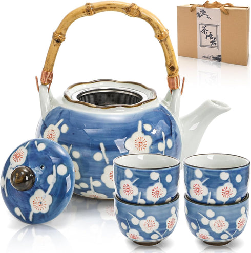Japanese Tea Set, Ceramic Floral Tea Pot and 4 Pieces Cups with