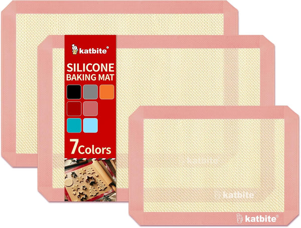 Katbite Silicone Baking Mat Colorful Collection - Set of 3: 2 Half Sheets & 1 Quarter Baking Sheet, Pink