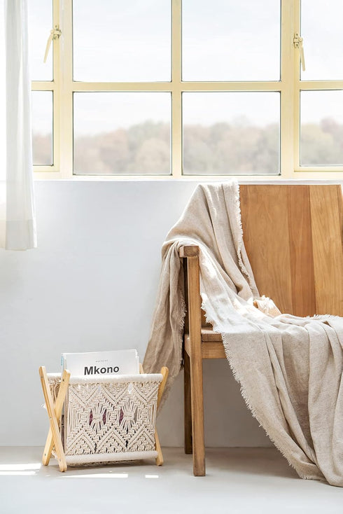 14L 10W Mkono Macrame Magazine Rack Boho Storage Holder Standing Basket for Books, Newspapers, Swaddle Blanket, Dorm