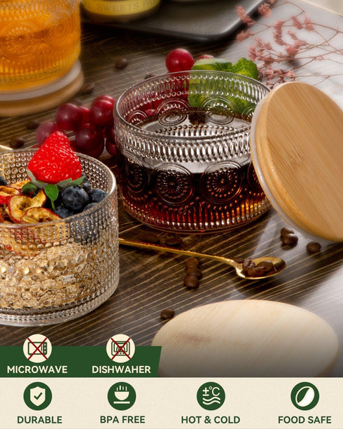 Semderm Set 4, 14oz Vintage Glass Coffee Mugs of Overnight Oats Containers with Bamboo Lids and Spoons - Clear Tea Cups