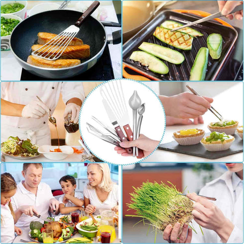 Cridoz 7 Pcs Stainless Steel Kitchen Cooking Plating Tweezers, Tongs, Spoons, Offset Spatula for Food