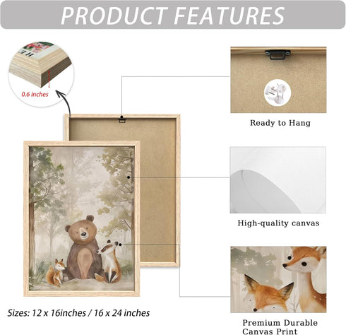 ICHZUMW Set 3, 12x16in Woodland Nursery Decor Wall Art of Cute Forest Friend Animal Canvas Prints Bear Fox Deer