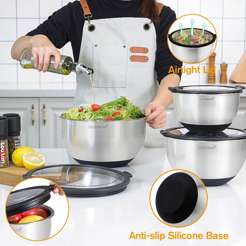 Rorence Stainless Steel Mixing Bowls Set - 3 Nesting Metal Salad Bowls with Transparent Lids, Non-slip Silicone Bottom