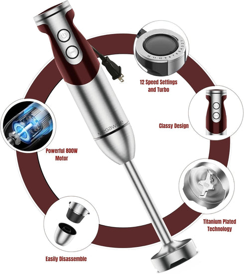 MegaWise Pro Titanium Reinforced 3-in-1 Immersion Corded Hand Blender, Powerful MOTOR with 80% Sharper Blades, 12-Speed Corded Blender, IncludingWhisk and Milk Frother (3-in 1 Red) by MEGAWISE