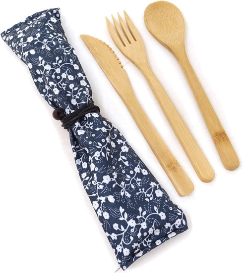 Honbay 3PCS Japanese Style Eco-friendly Bamboo Flatware Set, Reusable Utensils with Retro Pouch - Spoon, Fork, Knife