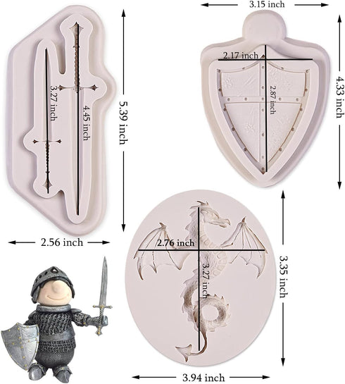 Dragon Silicone Fondant Molds, 3 PACK Swords Shield Battle Mold for Cake Decorating, Cupcakes, Chocolate