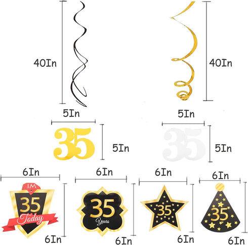 LINGTEER Happy 35th Birthday Decorations - 12 Pcs Black & Gold Foil Swirls Streamer Set for 35 Years Old