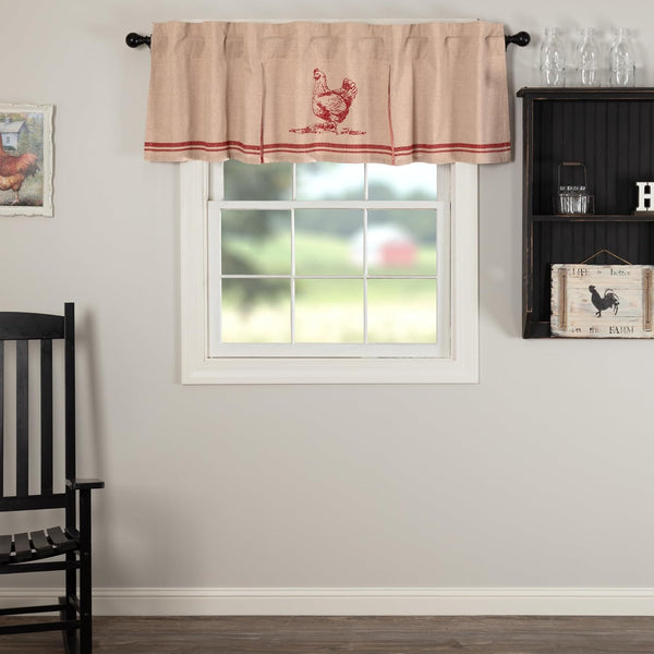 VHC Brands Sawyer Mill Chicken Pleated Curtain Valance, Red, 20x72