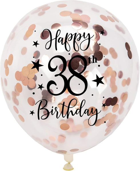 Rose Gold 38th Confetti Latex Balloons, Happy 38 Years Birthday Party Decoration with Confetti, 12in, 16 Pack