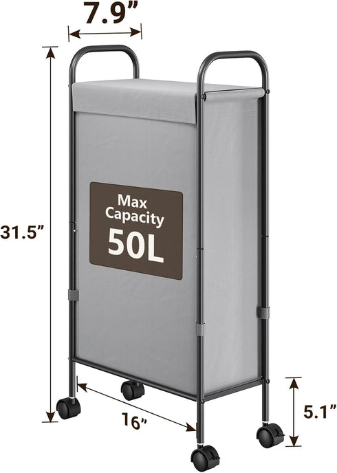 50L 7.9 ELYKEN Slim Laundry Hamper with Lid, Small Rolling Laundry Basket on Wheels, Narrow Dirty Cloth Cart