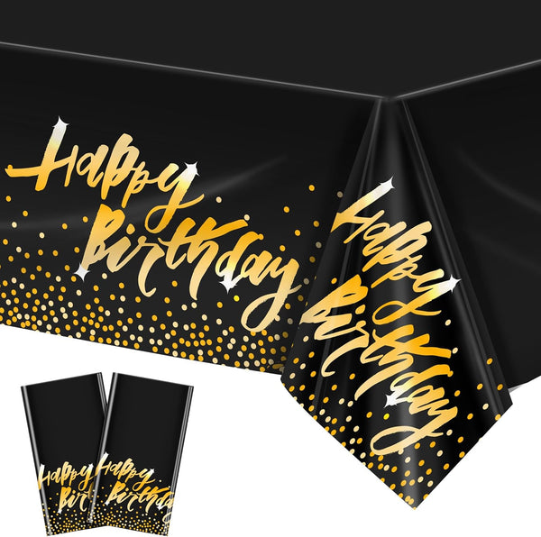 Aneco 2 Pack Happy Birthday Table Cloth Cover, Black Gold Party Tablecloth 54 x 108 Inches