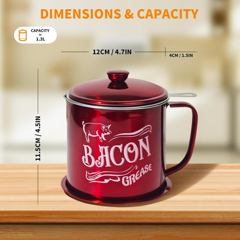 QMET 1.3L Bacon,46oz Bacon Grease Saver Container with Fine Mesh Strainer,Stainless Steel Oil Keeper Can for Large