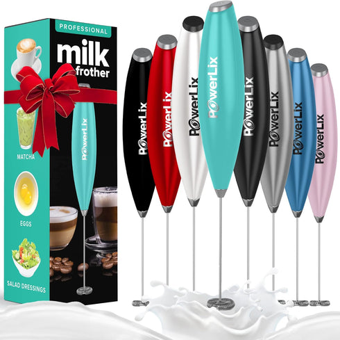 PowerLix Handheld Milk Frother with Stand, Battery Operated Foam Maker Wand for Coffee (Black) (No Stand Aqua)