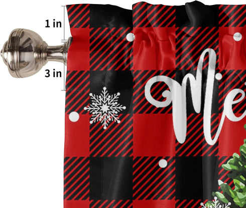 Christmas Valance for Windows, Snowman with Xmas Tree Window Toppers, 1 Panel Red Buffalo Plaid Check Treatments 54 x