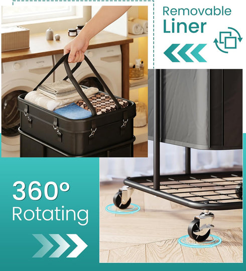2 Laundry Hamper with Wheels, Rolling Laundry Basket with Metal Frame and Removable Bag, Double Laundry Hamper Section
