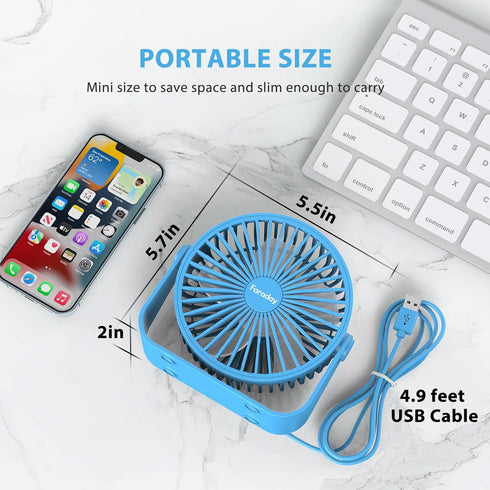 FARADAY USB Desk Fans, 5 Inches Portable Table Fan, 360° Head Rotation, Small Personal Desktop Fan, 3 Speeds, Blue