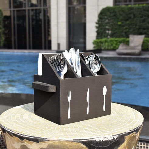 Ikee Design Wooden Utensil Caddy with Handles, Silverware Holder for Countertop, Camping, and Kitchen, Black