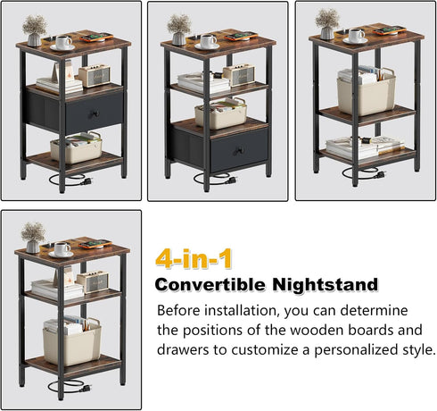 Side Table with Charging Station, Nightstand with Adjustable Fabric Drawer, Bedside Table for Bedrooms, Living Rooms