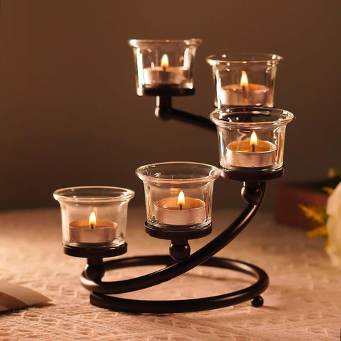 2Pcs 5-arm Black Metal & Glass Tea Light Candle Holders for Table Centerpiece, Glass Votive Tealight Holders/Candelabra