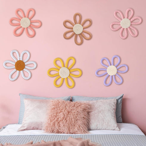 6 Zeyune Pcs Boho Nursery Daisy Flower Wall Art Decor Woven Macrame Wall Pediments Boho Daisy Floral Nursery Art Decor