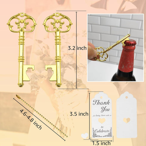 Aokbean 52pcs Vintage Skeleton Key Bottle Opener Set with Thank You Tag Card, Keychain (Gold)