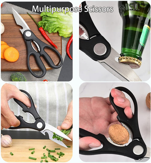 Magicorange 7-Piece Kitchen Knife Set - 5 Black Stainless Steel Knives with Sheaths, Cutting Board, Knife Block