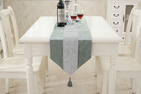 HeMiaor 33x180cm Diamante Strip and Tassels Table Runner with Sequin for Spring Wedding, Birthday, Baby Shower