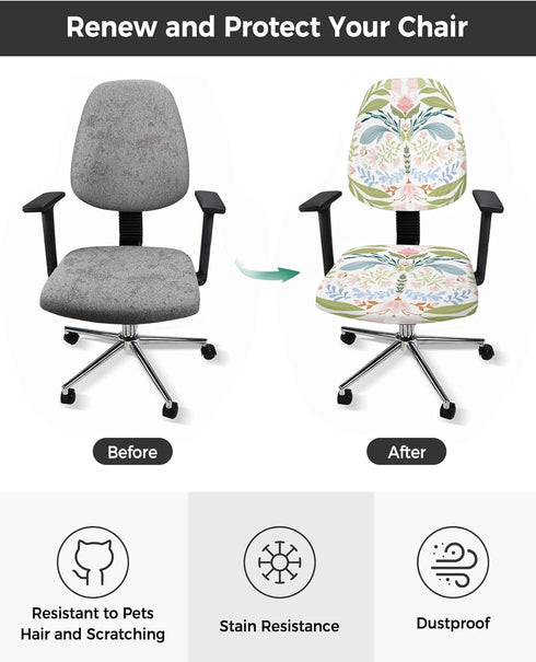 Green Blue Pink Floral Office Chair Cover Stretchable Computer Chair Seat Cover Backrest Slipcovers, Rustic Ethnic Boho Flowers Botanical Stretchable Rotating Desk Chair Seat Cushion Split Protectors by AMZRicher