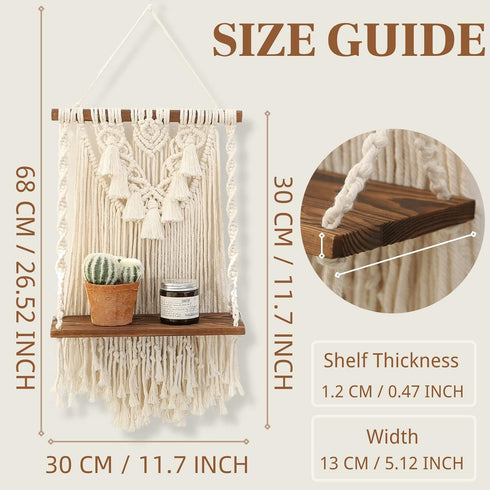 ANROYE Single Tier Macrame Boho Wall Hanging Shelf, Handmade Bohemian Wooden Woven Plants Floating Shelves Decor, Mini