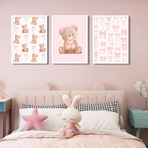 3Pcs Pink Teddy Bear Wall Art Coquette Bow Wall Decor Pictures Cute Animal Nursery Canvas Posters Prints for Baby Girls