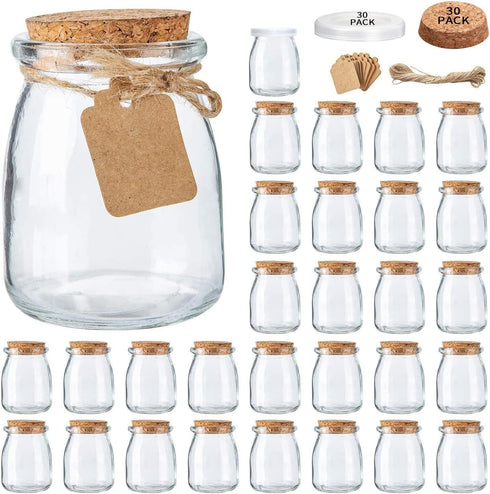 Brajttt Mini Yogurt Jars 30 Pack, 7 oz Glass Favor Jars with Cork